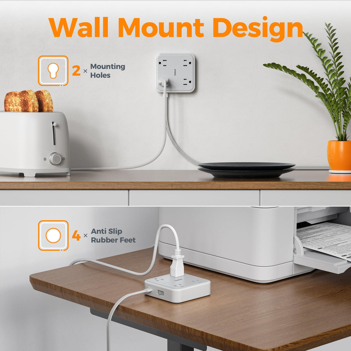 TESSAN in-use on a home office desk powering monitor and devices, neat cable management benefit