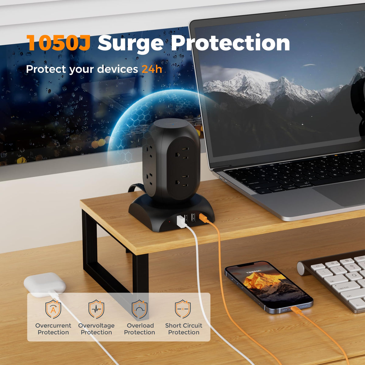 TESSAN in use on a home desk powering laptop, lamp, and phone for tidy workspace