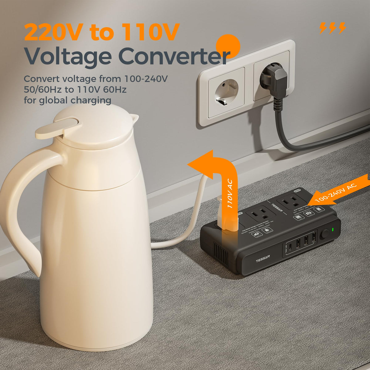 TESSAN plugged into hotel wall powering devices, convenient travel charging