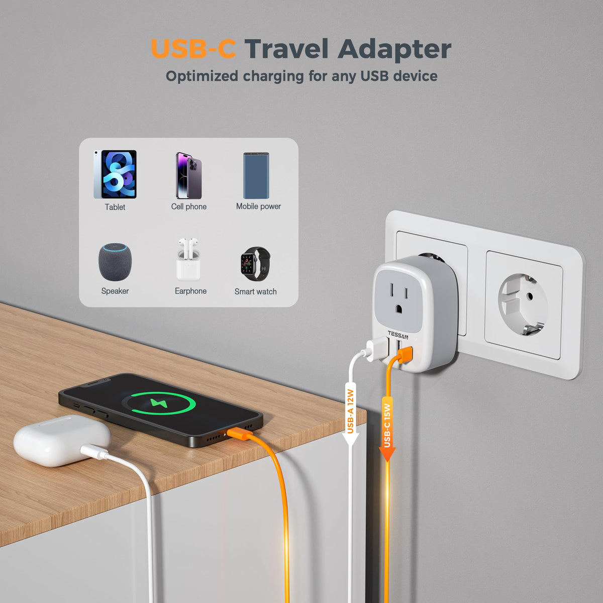 TESSAN plugged into a hotel wall socket charging multiple devices conveniently
