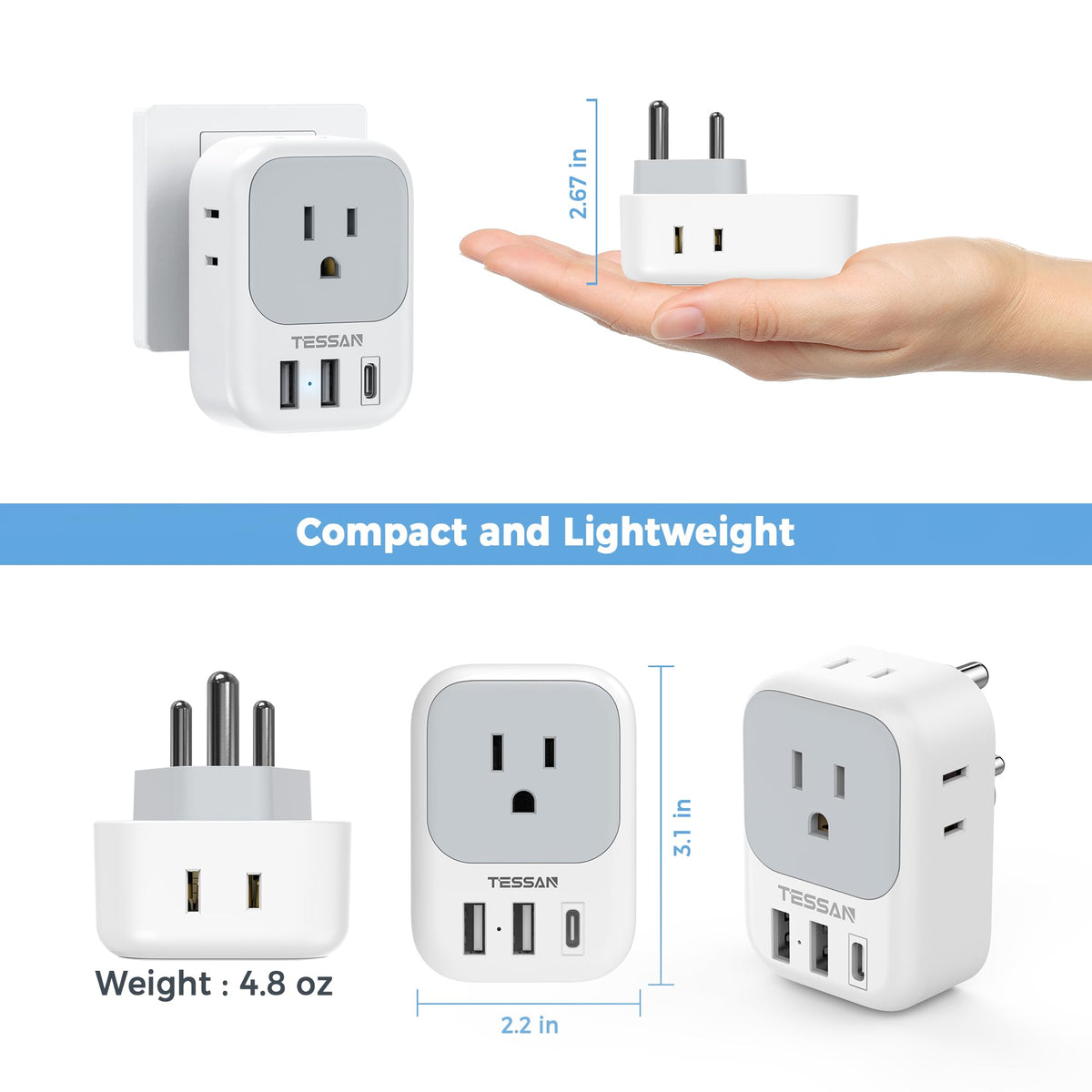 TESSAN India Type D adapter compact design fits in luggage