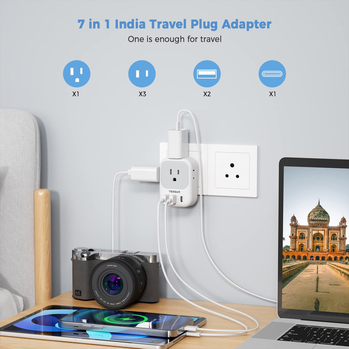 TESSAN India Type D adapter with four US outlets in active use