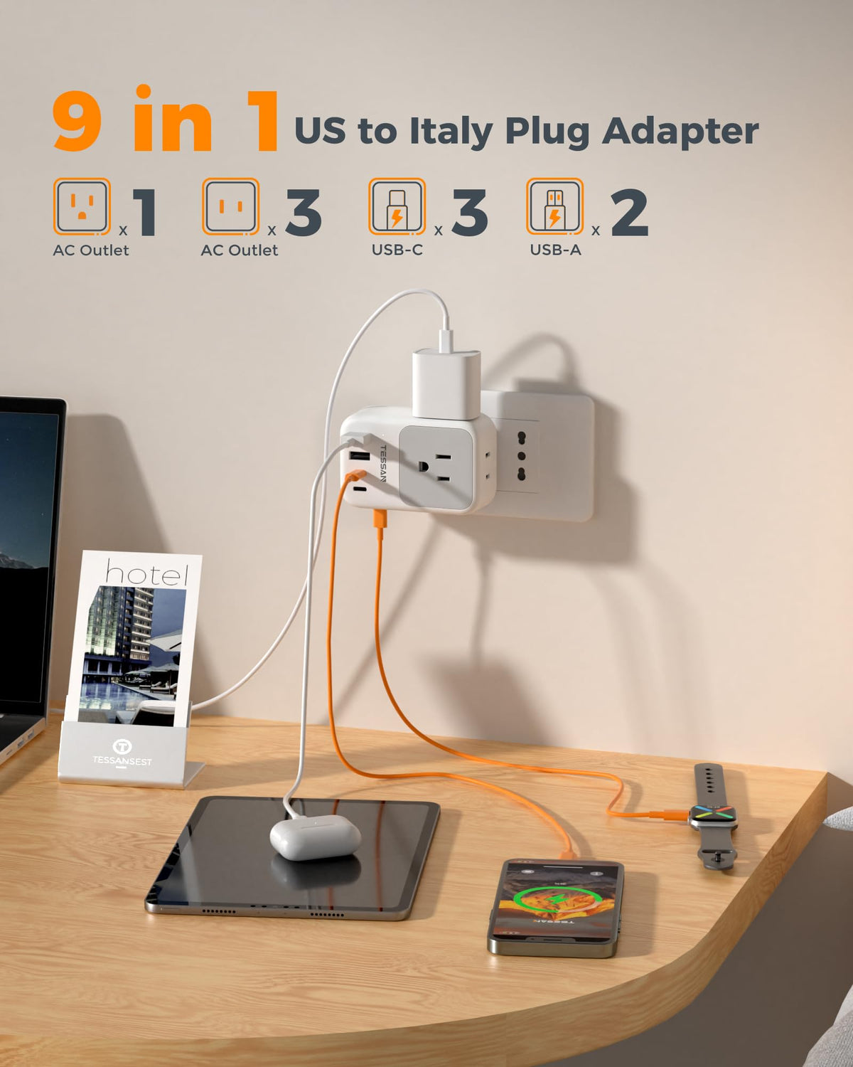 TESSAN 9-in-1 Italy adapter charges up to nine devices simultaneously