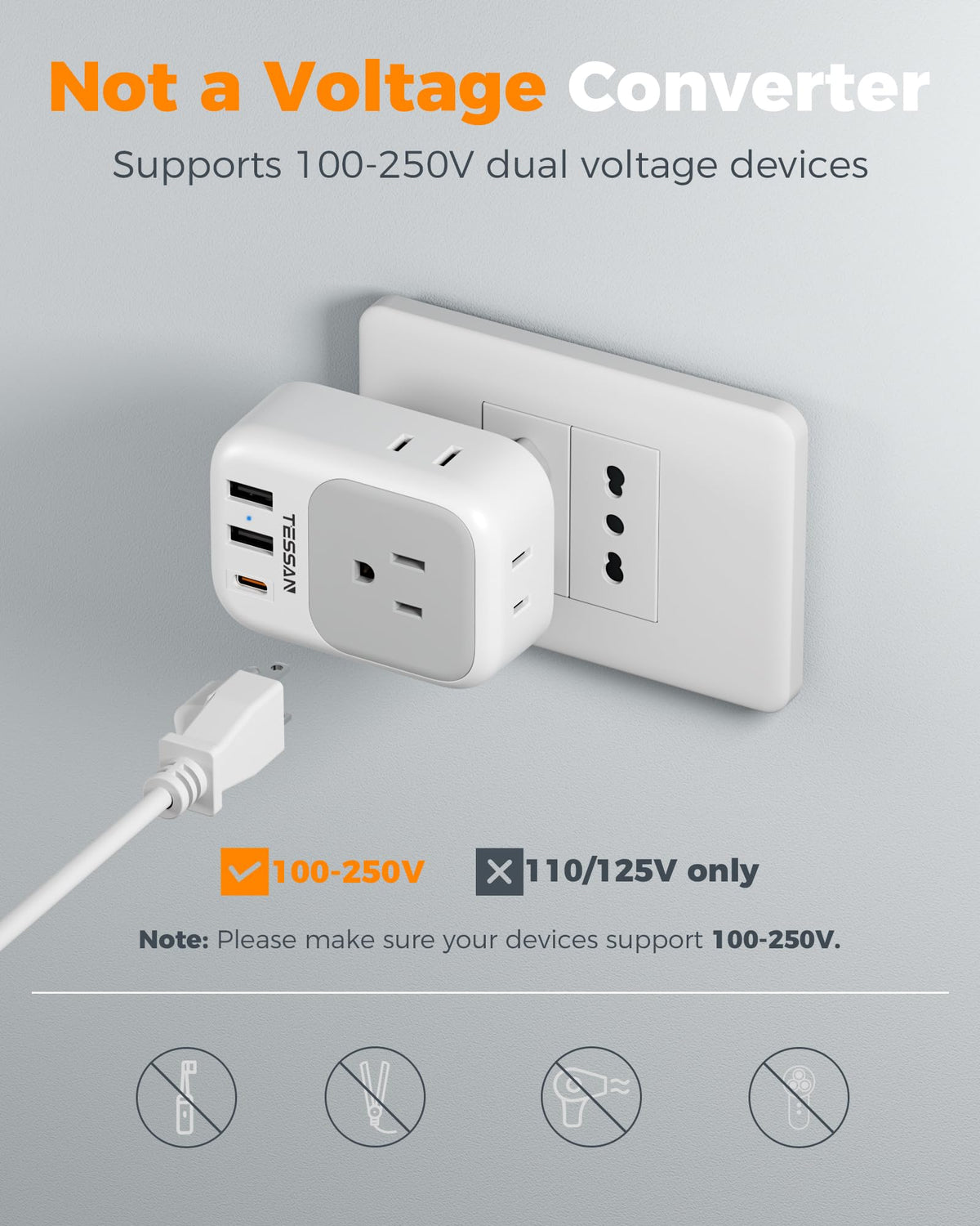TESSAN Italy travel plug adapter compact size fits easily in luggage