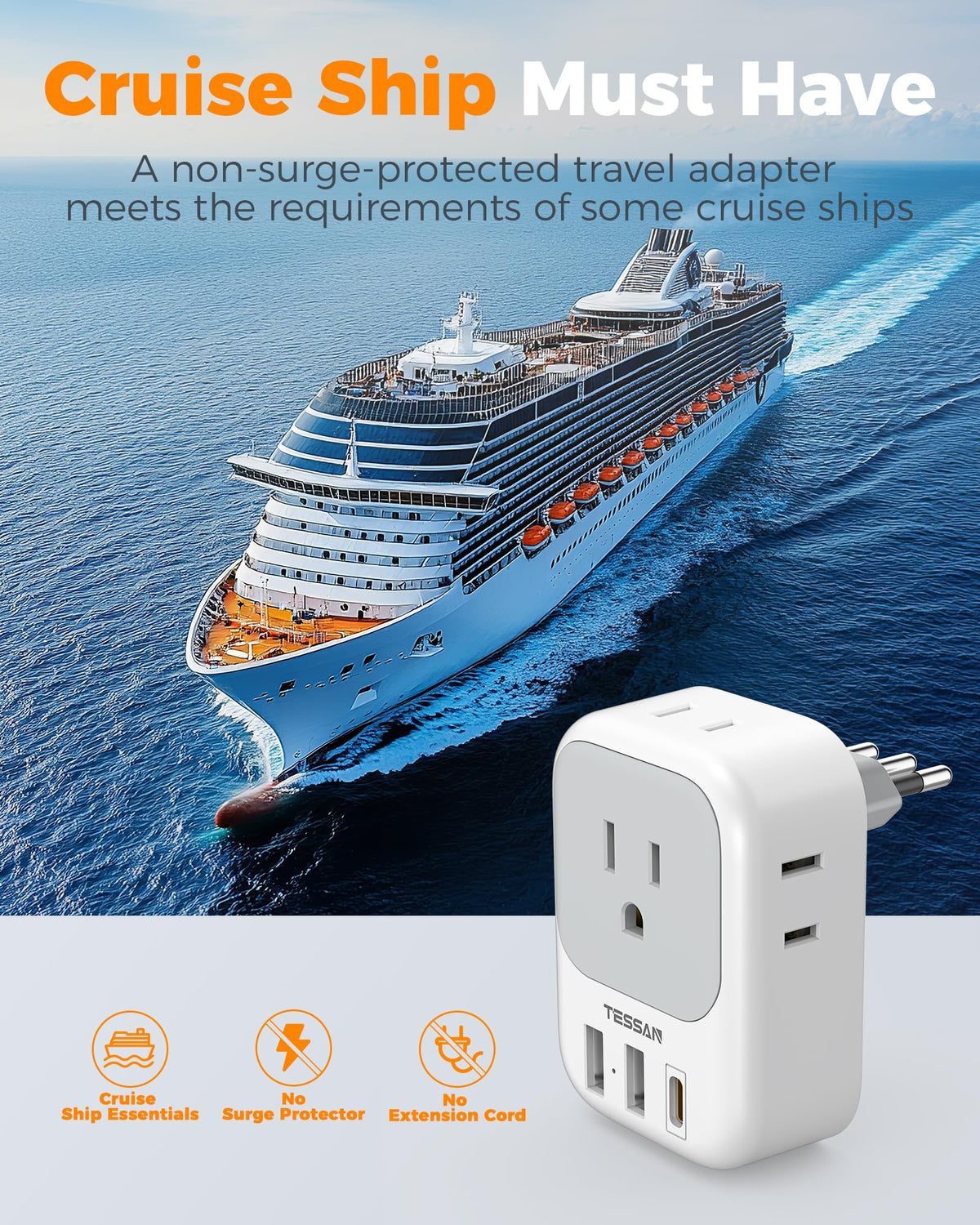 TESSAN Italy travel plug adapter not a voltage converter; check device compatibility