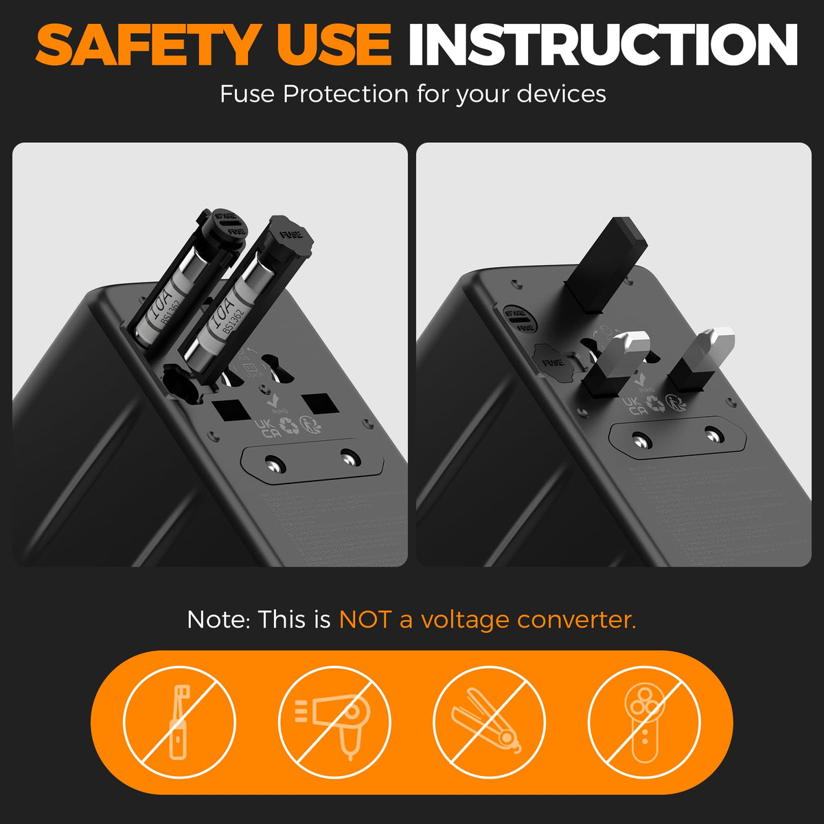 TESSAN label and safety markings showing double fuse protection for device safety