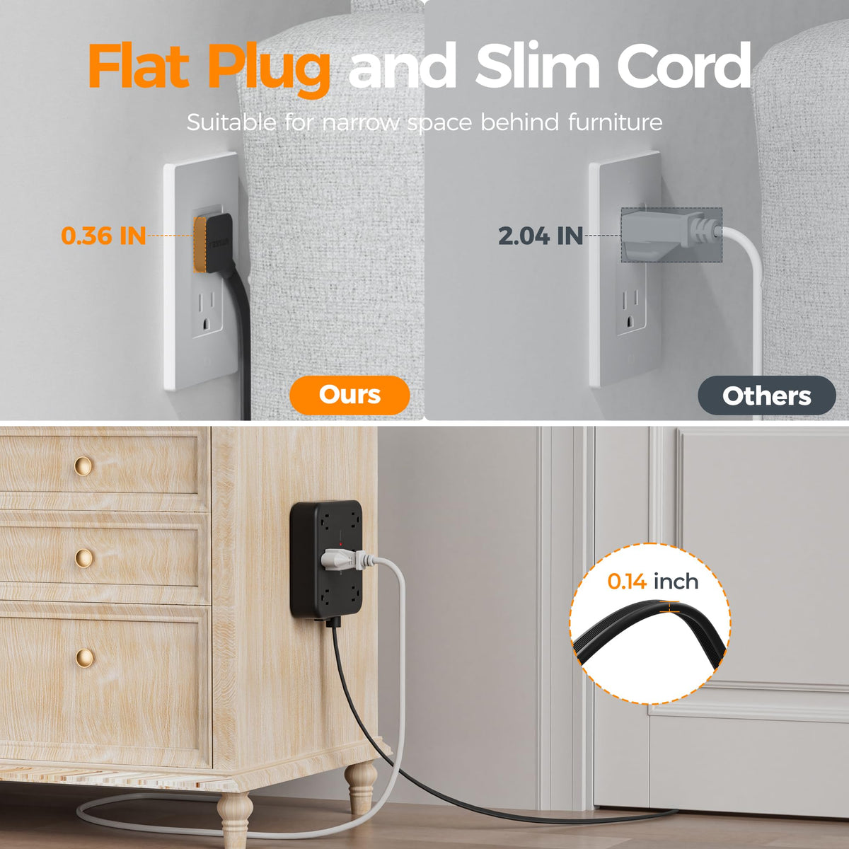 TESSAN cord length comparison displaying the 10ft reach for flexible device placement