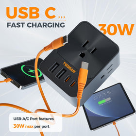 TESSAN multi-plug adapter shows 3 outlets and 4 USB ports for shared charging.