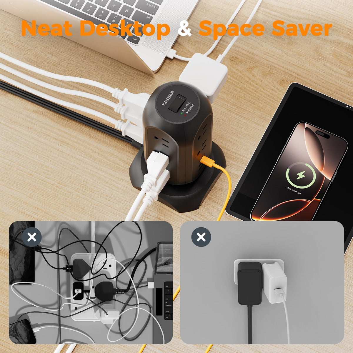TESSAN tower in office setup keeping desk cables tidy and charged