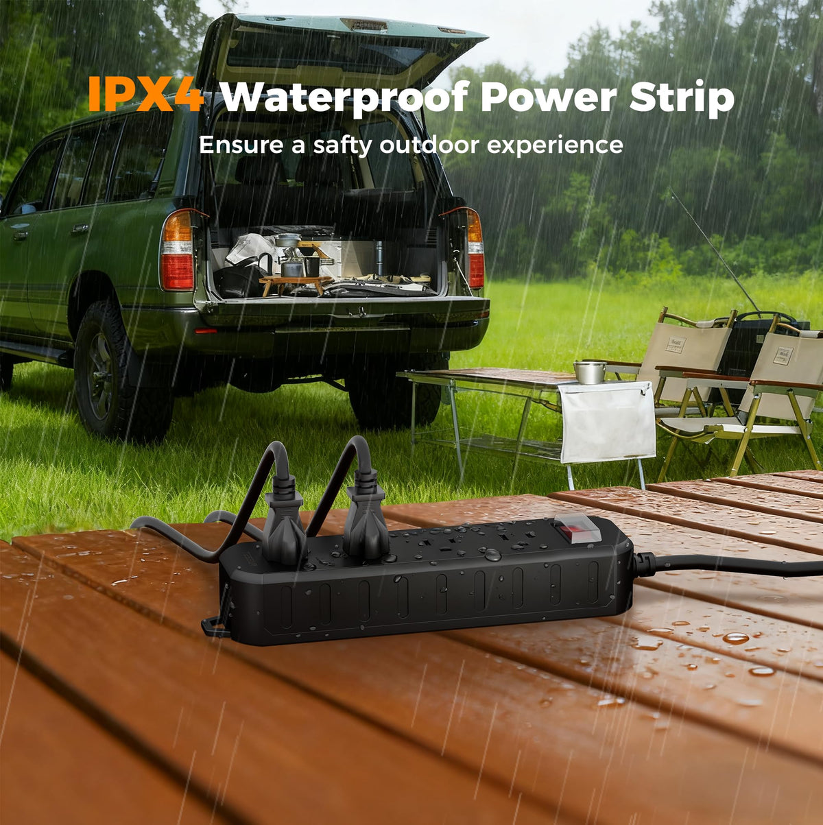 TESSAN power strip showing IPX4 water resistance for exterior use