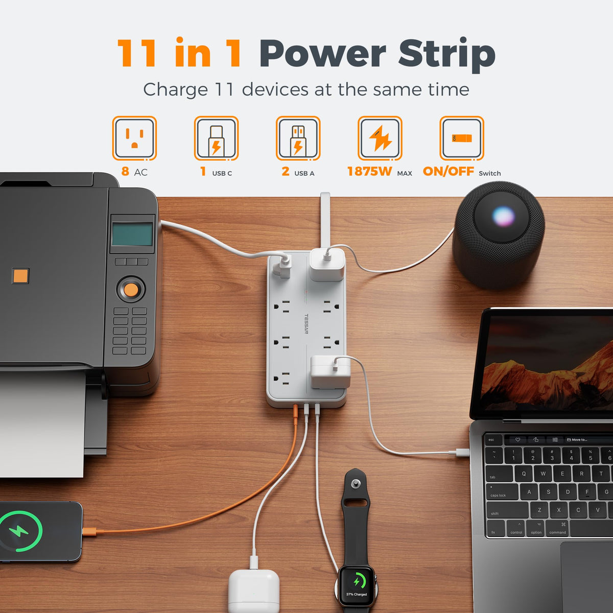TESSAN closeup of eight AC outlets showing room for bulky adapters