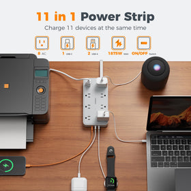 TESSAN closeup of eight AC outlets showing room for bulky adapters