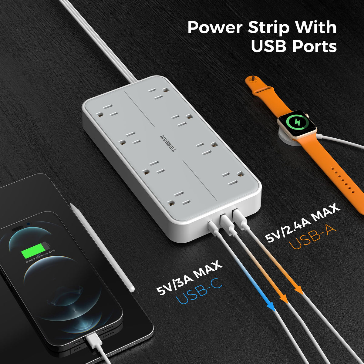 TESSAN outlets accommodating large adapters without blocking adjacent plugs