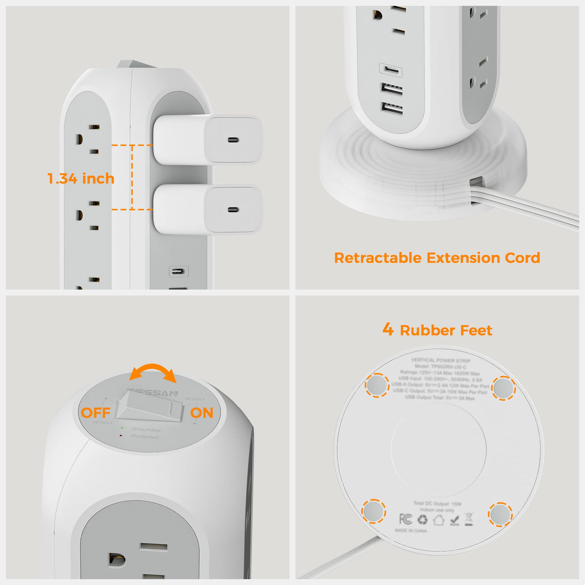 TESSAN retail box and label showing specifications and surge protection benefit