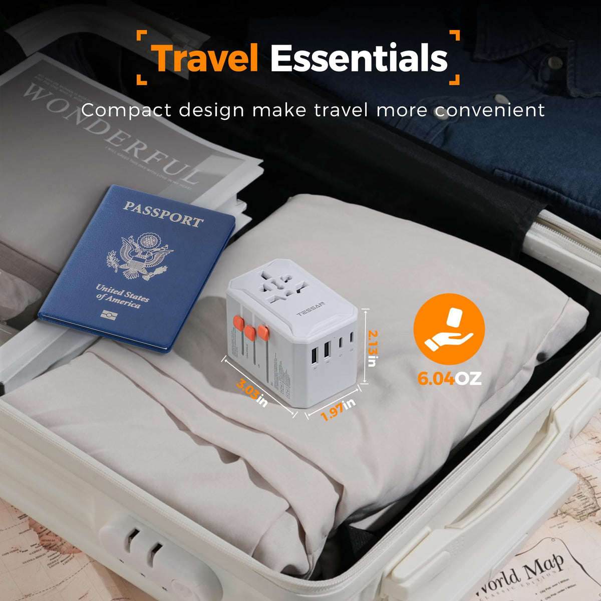 TESSAN inside a suitcase demonstrating compact storage and travel readiness
