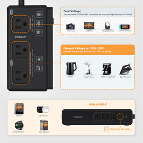TESSAN international plug adapters laid out, providing global outlet compatibility