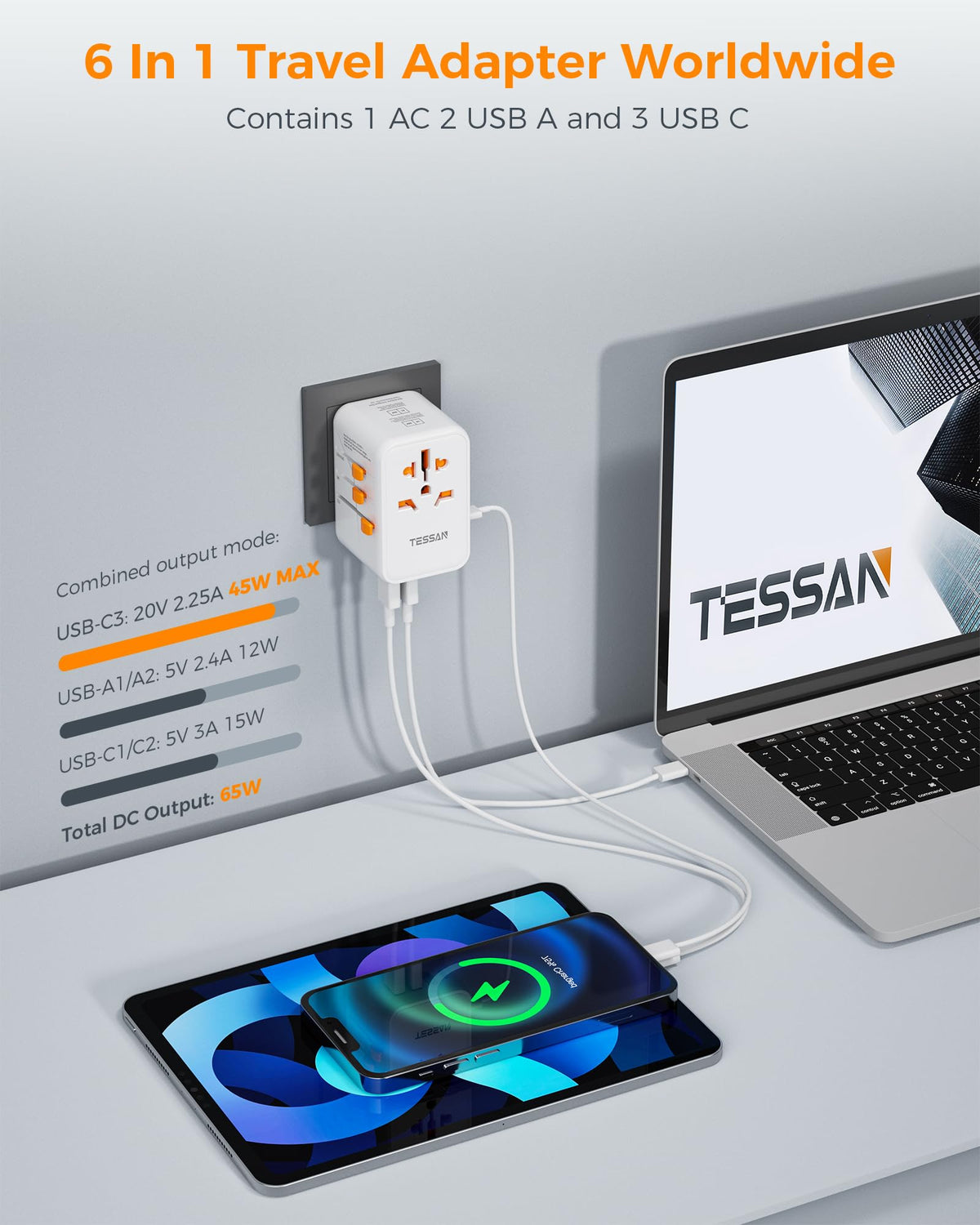 TESSAN display of interchangeable plug types Type A C G I for worldwide compatibility