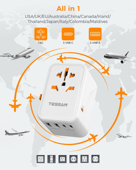 TESSAN close-up of three USB-C and two USB-A ports for fast, versatile charging
