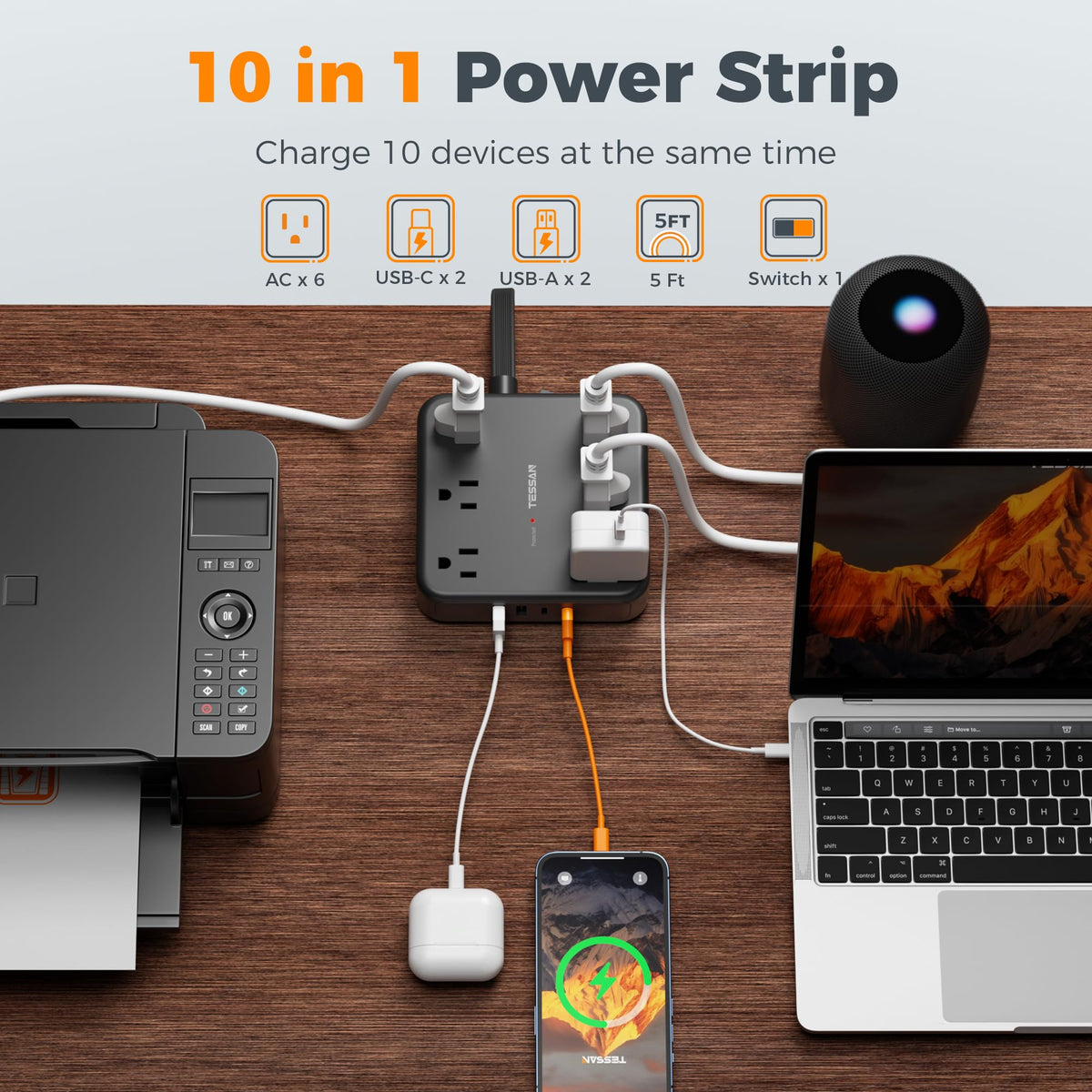 TESSAN power strip with six outlets and USB ports for multi-device charging.