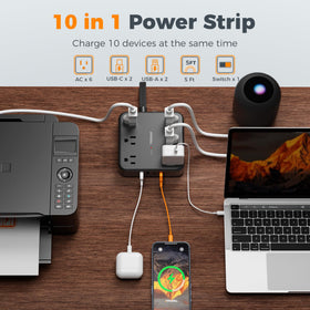 TESSAN power strip with six outlets and USB ports for multi-device charging.