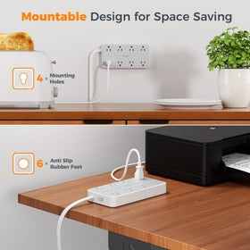TESSAN power strip bottom showing rubber feet for non-slip stability