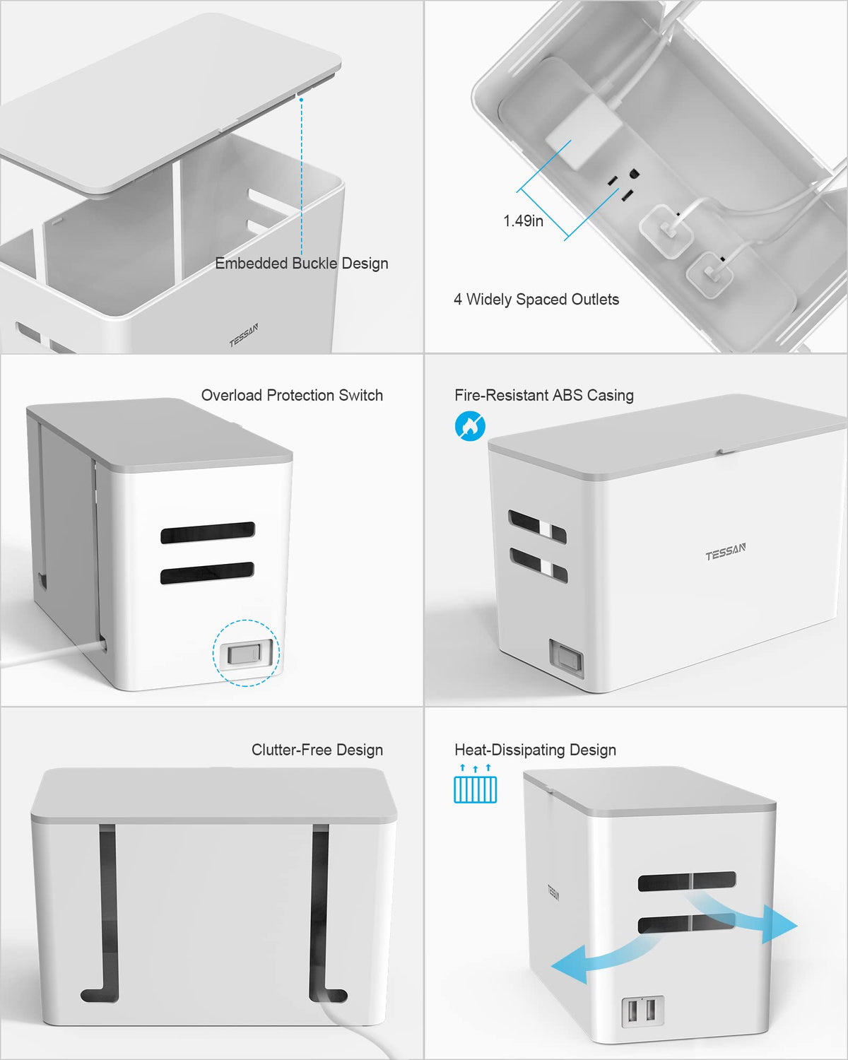 TESSAN Power Strip Box hides cords for a neat floor area.
