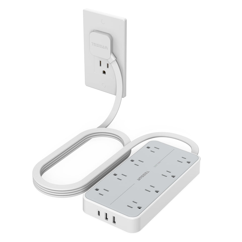 TESSAN power strip front view showing outlets and switch for organized charging