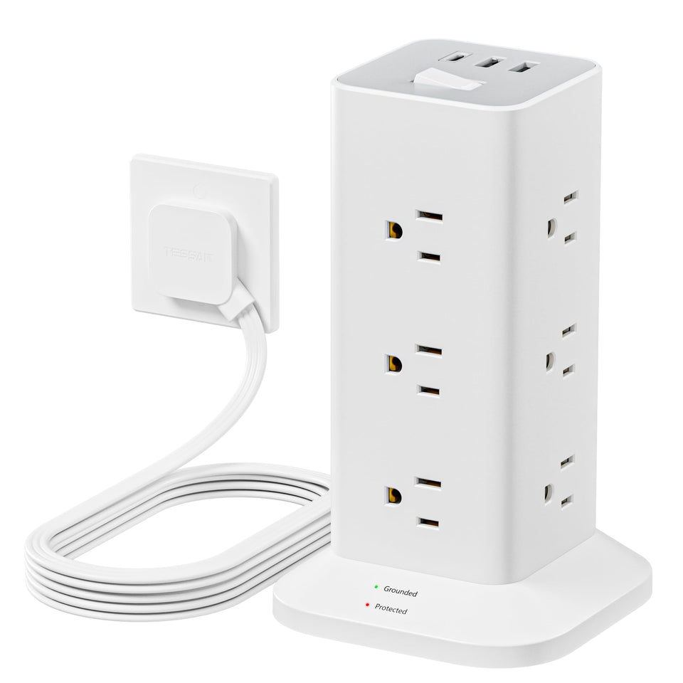 TESSAN power strip tower with 12 outlets powering multiple devices at a clean desk