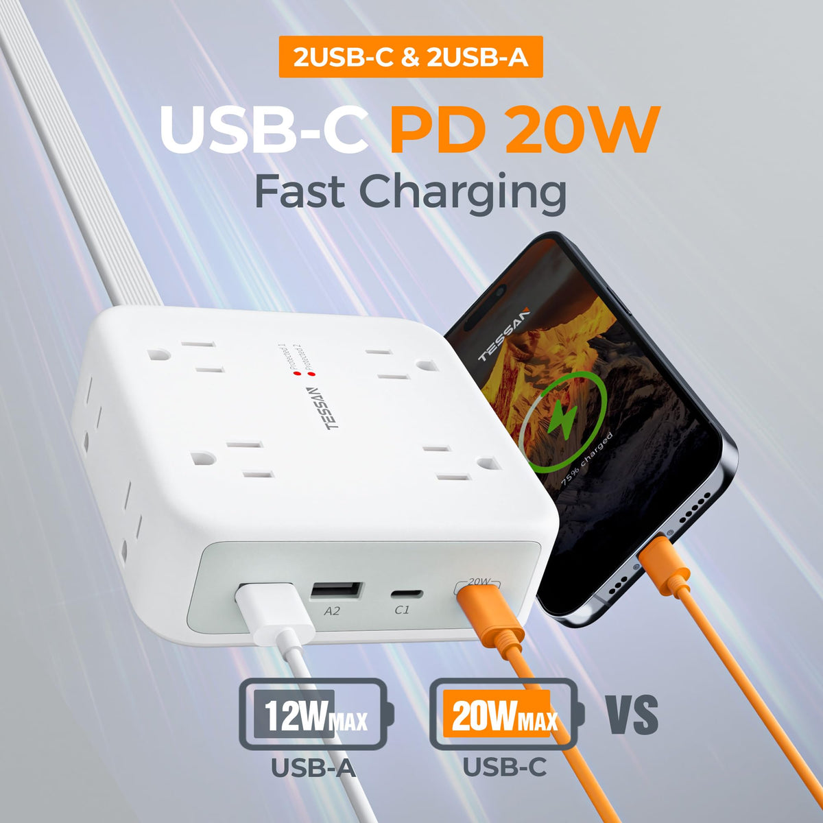 TESSAN right-angle flat-head design frees space for other plugs.