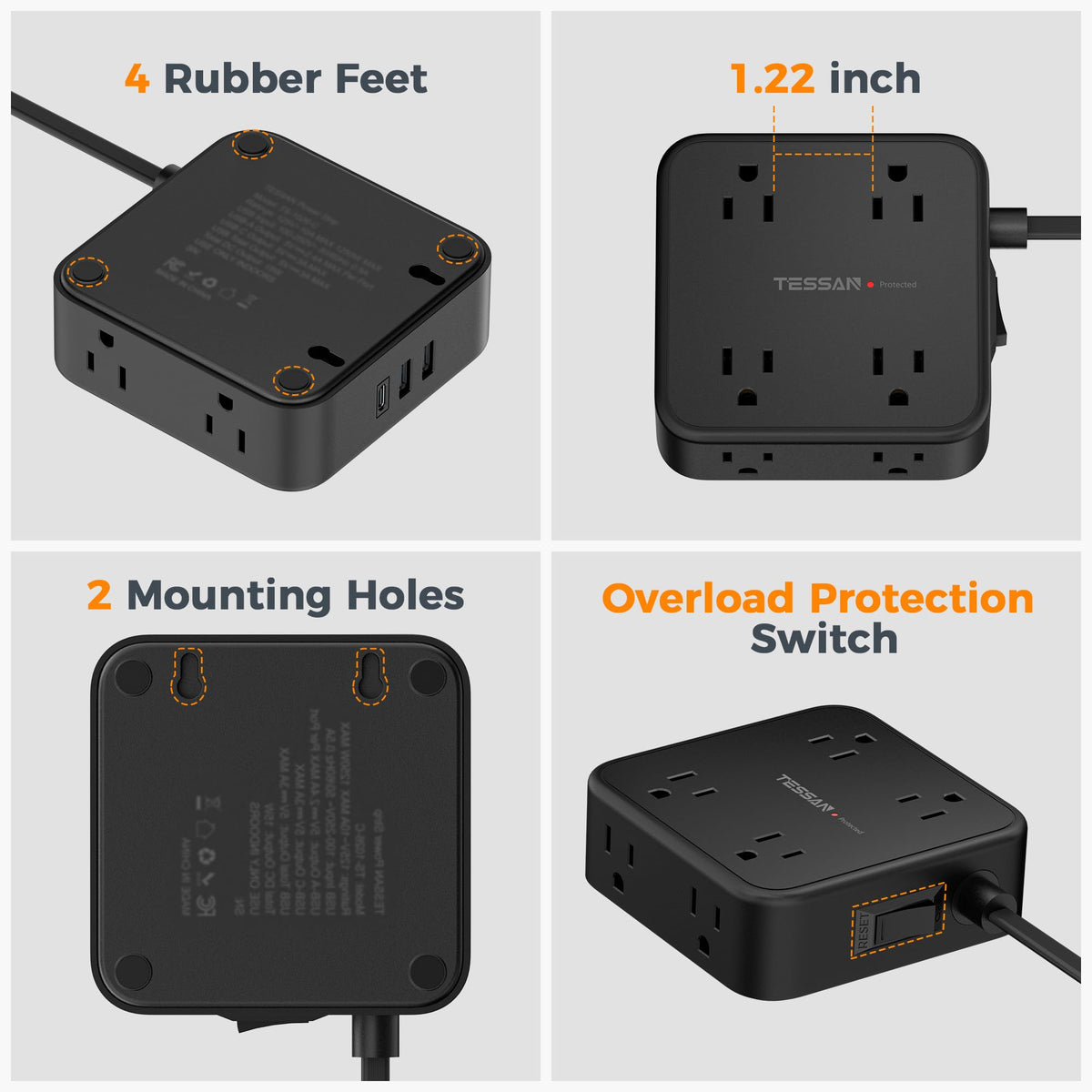 TESSAN rubber feet and mounting holes closeup for stable placement