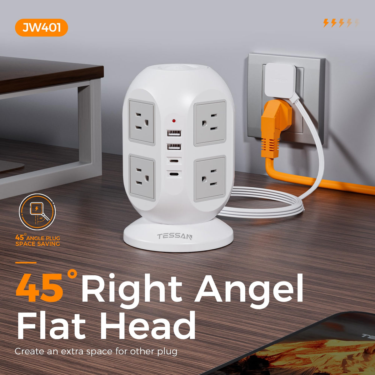 TESSAN next to a hand to show tower size and compact space-saving benefit
