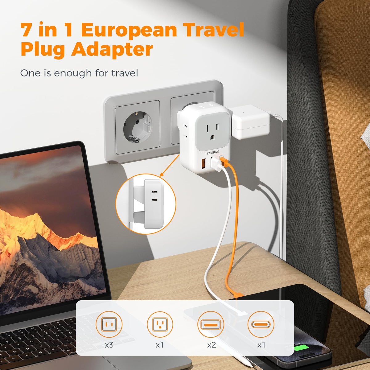 TESSAN seven-in-one european power adapter supports laptops and cameras.