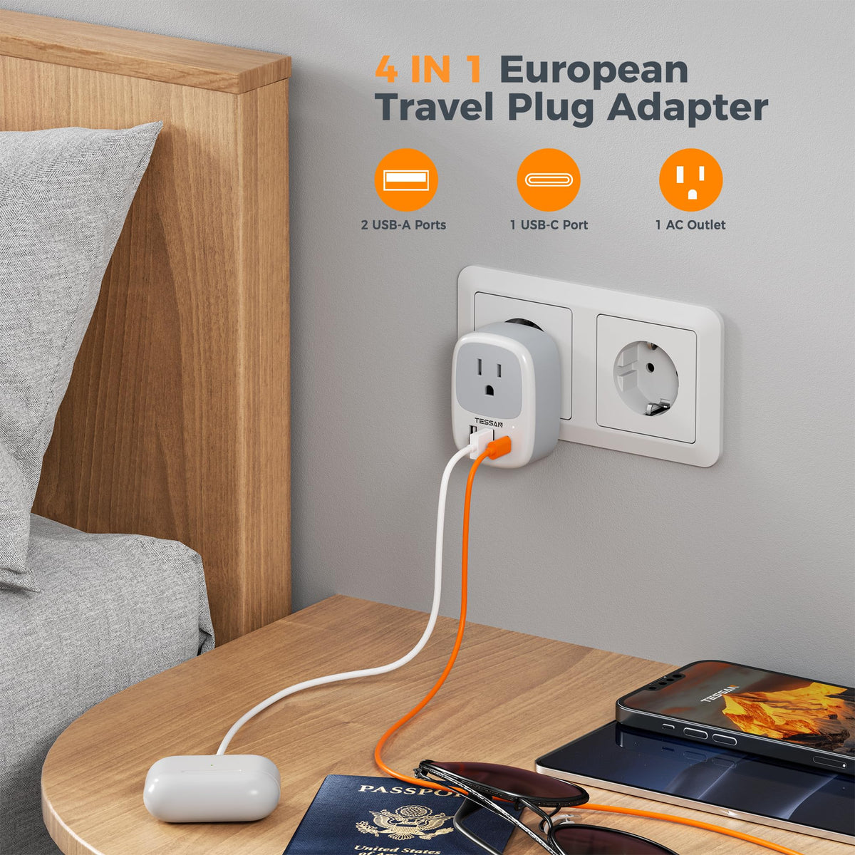 TESSAN side view showing grounded AC outlet and neat port layout for convenience