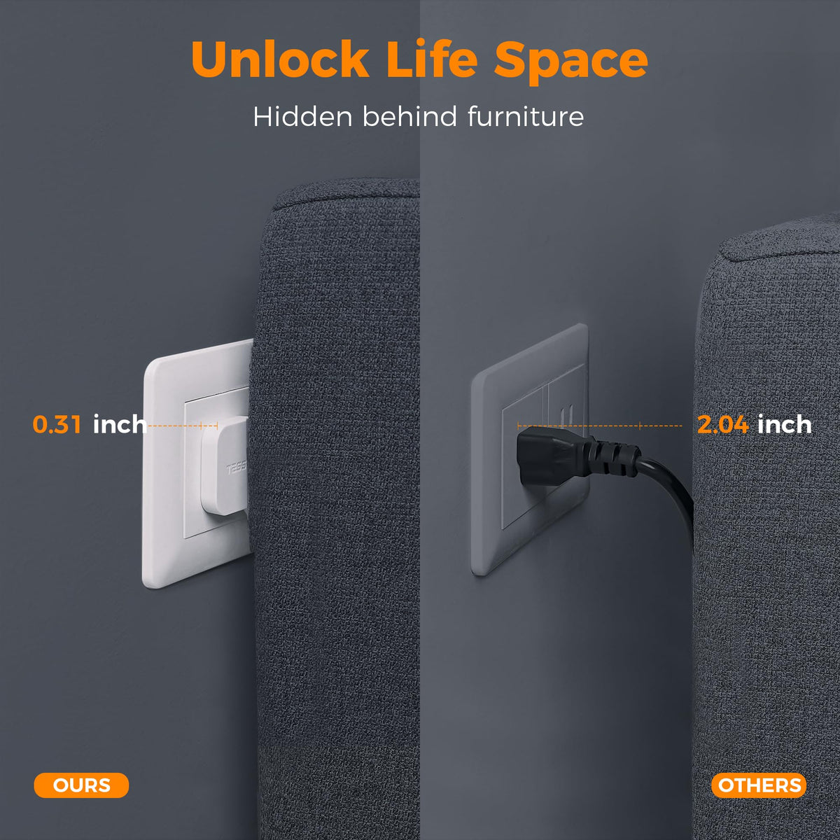 TESSAN side view showing widely spaced outlets preventing adapter blocking
