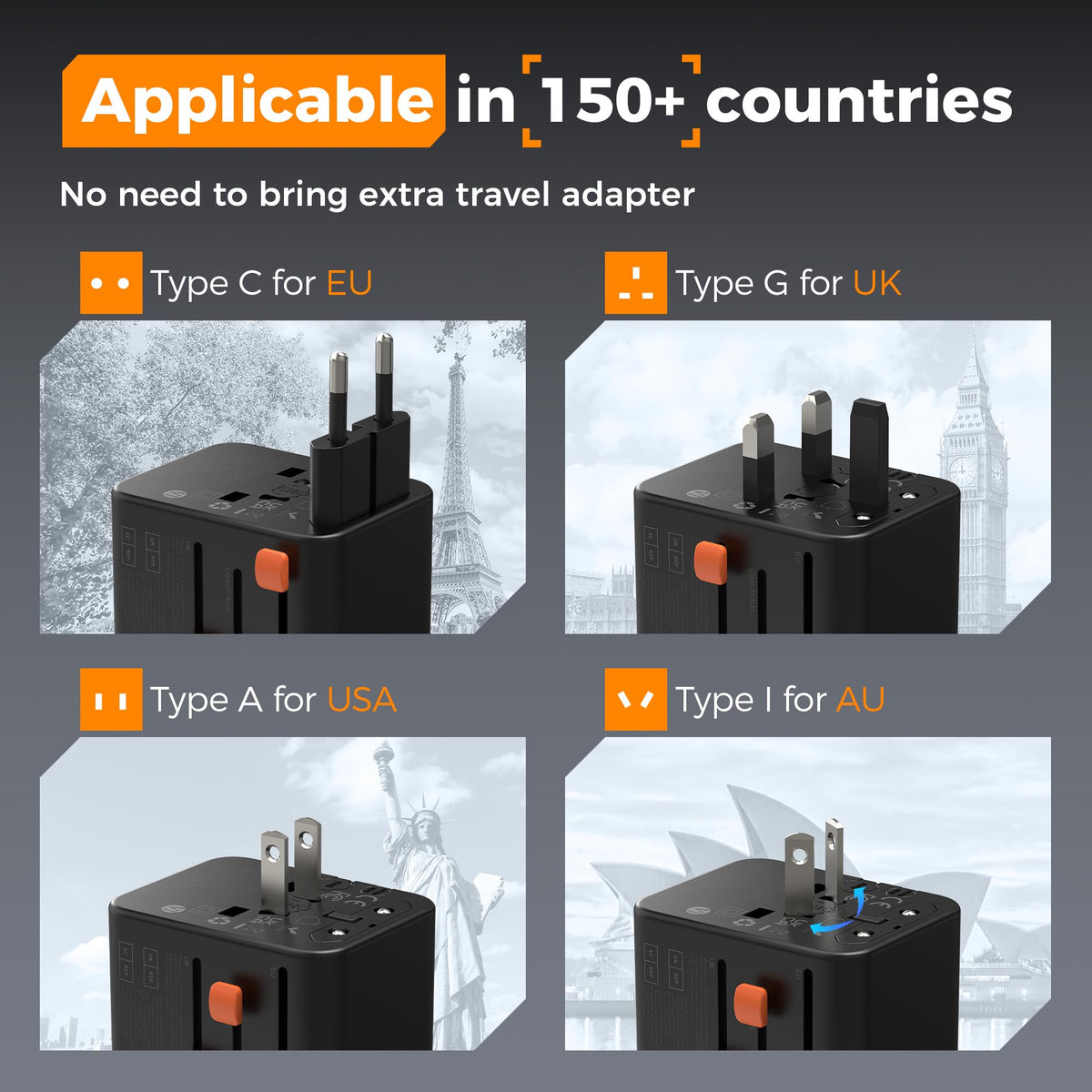 TESSAN side plugs extended showing international adapters for versatile travel