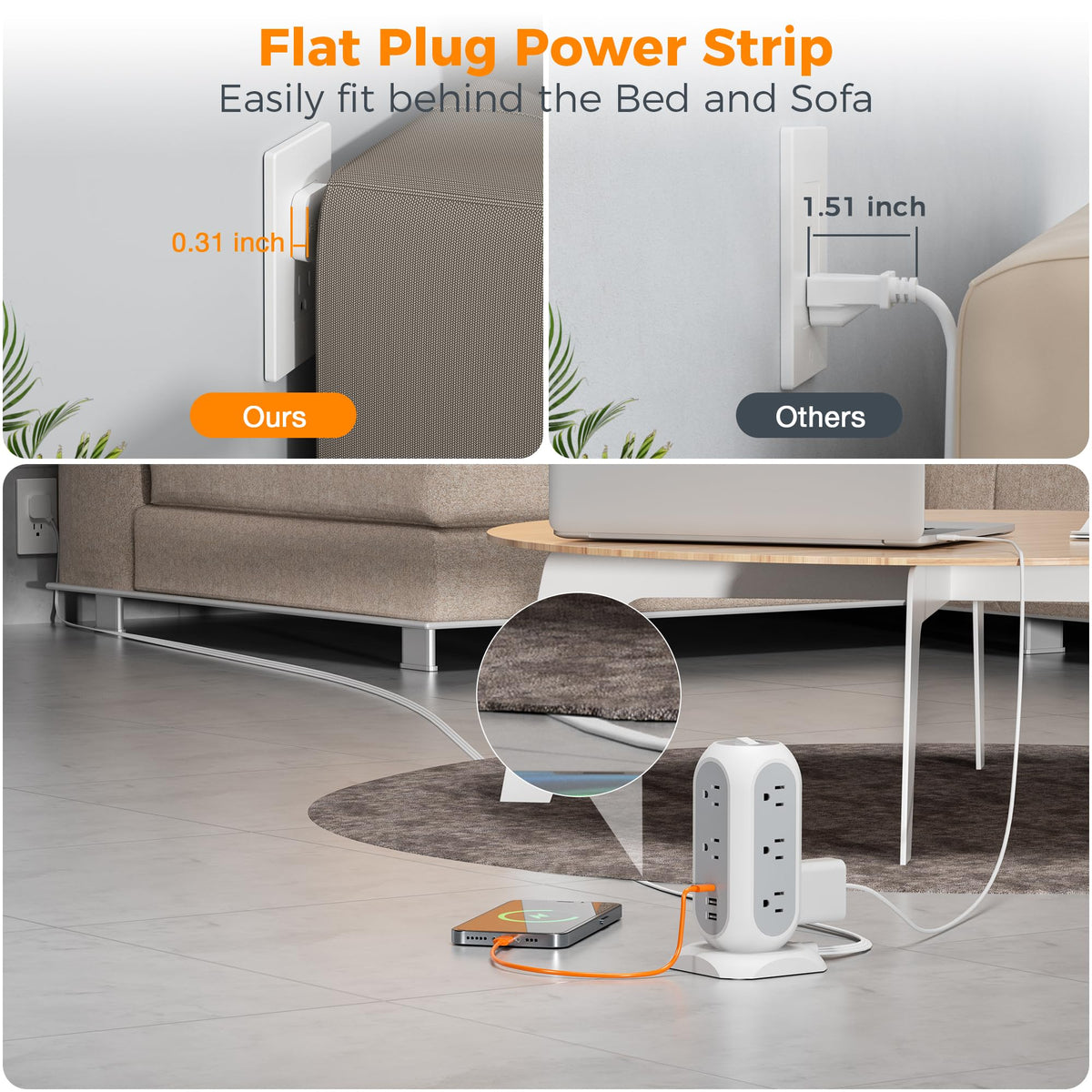 TESSAN side profile displaying the 15ft flat extension cord for flexible placement