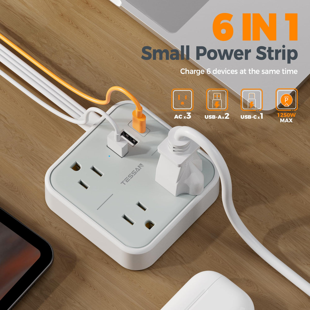 TESSAN six-in-one power strip with USB-C for multi-device charging.