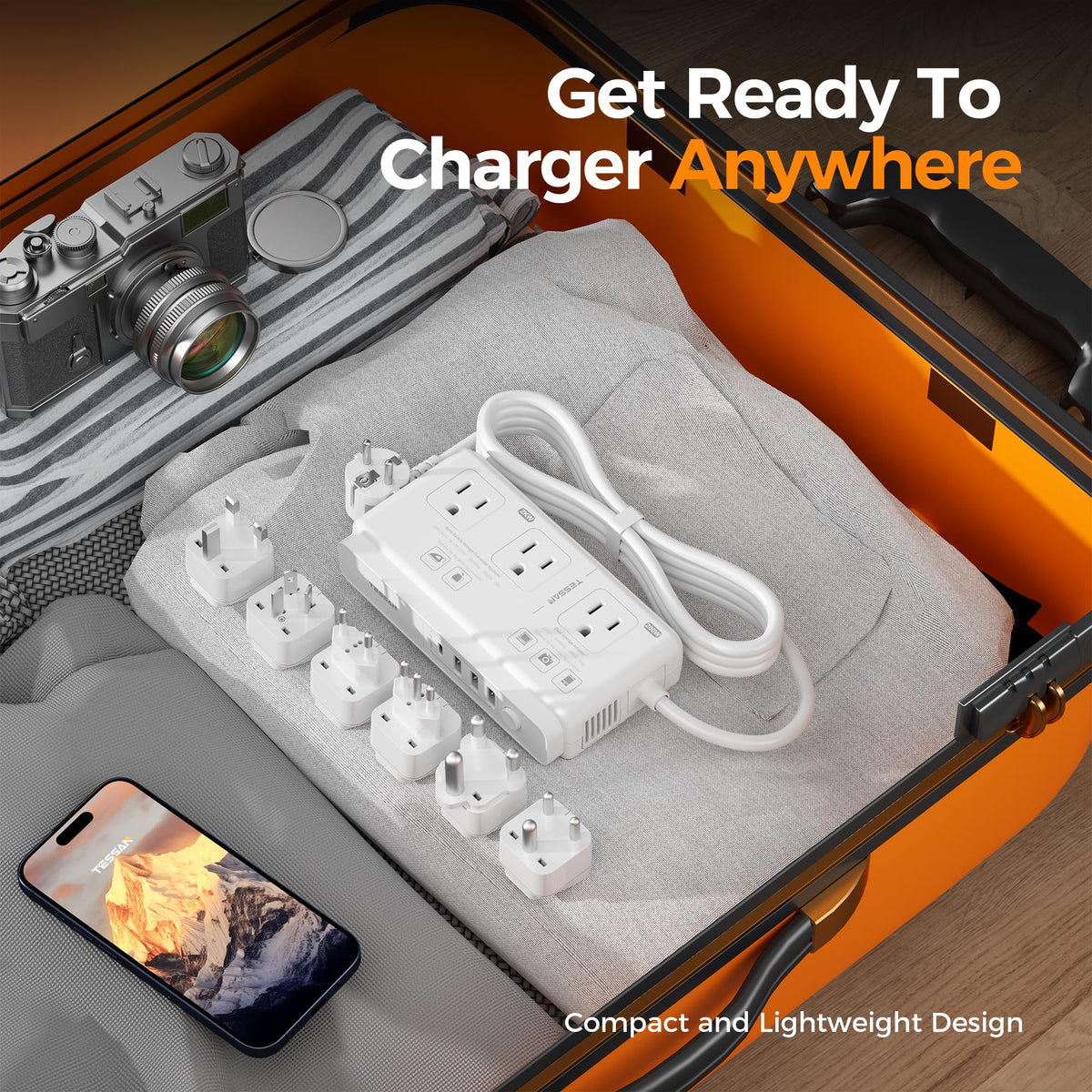 TESSAN held in a hand to show scale and portability for packing in luggage