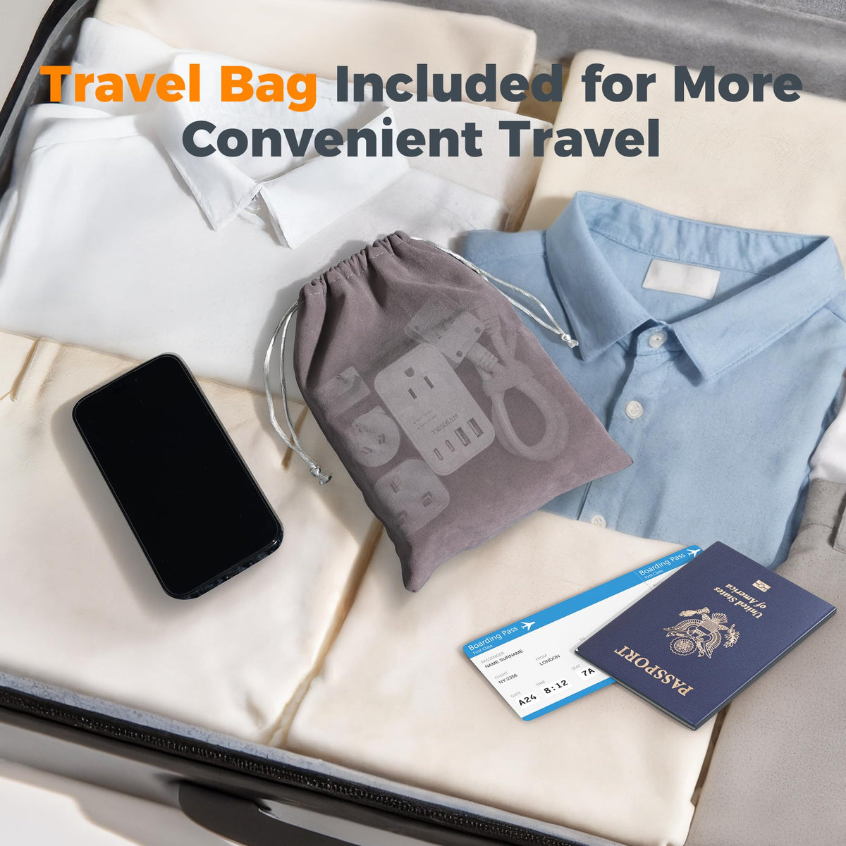 TESSAN next to a smartphone to show compact scale and suitcase-friendly size