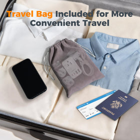 TESSAN next to a smartphone to show compact scale and suitcase-friendly size