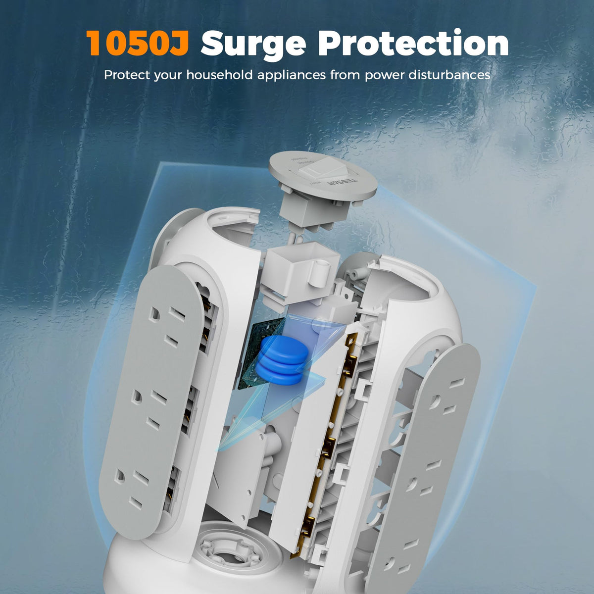 TESSAN tower next to smartphone to show compact size and easy portability