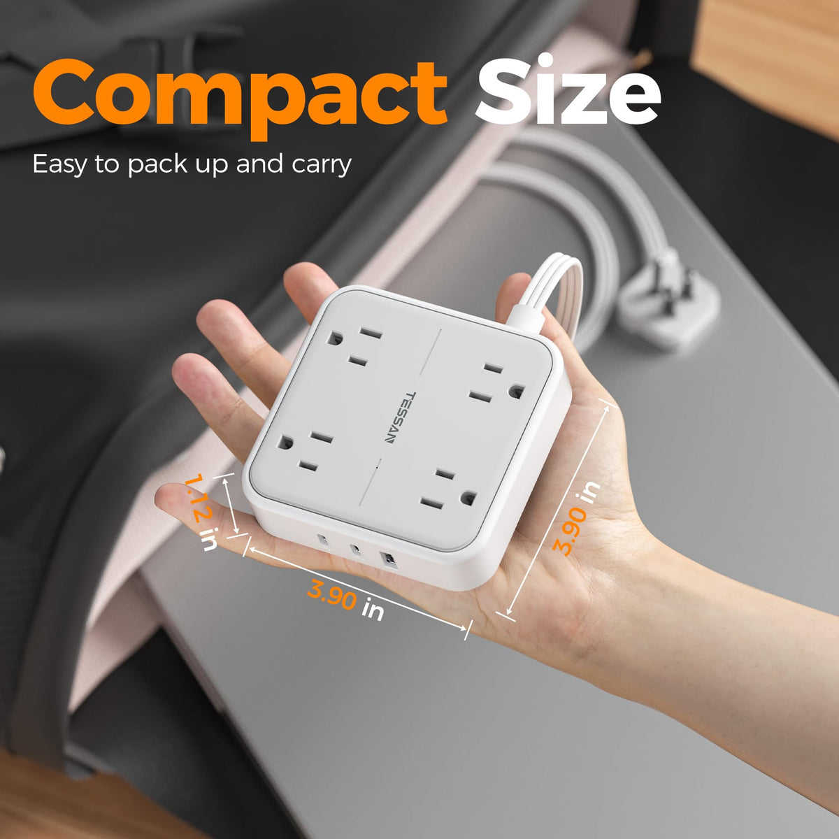 TESSAN beside smartphone for scale, compact and space-saving