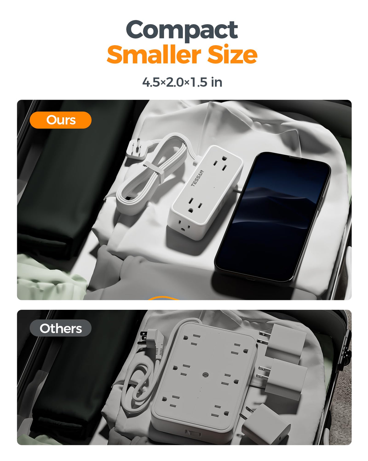 TESSAN size comparison with smartphone illustrating compact footprint and portability
