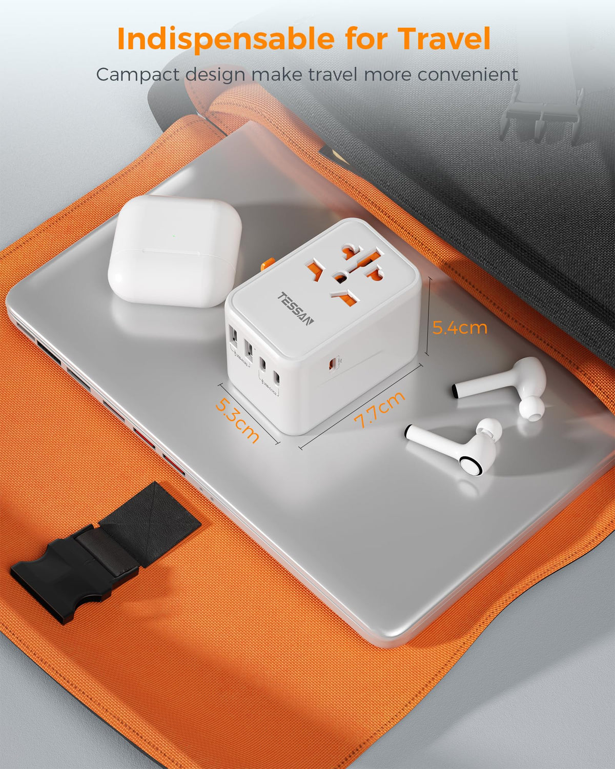 TESSAN held next to a passport and phone to show compact travel-friendly size