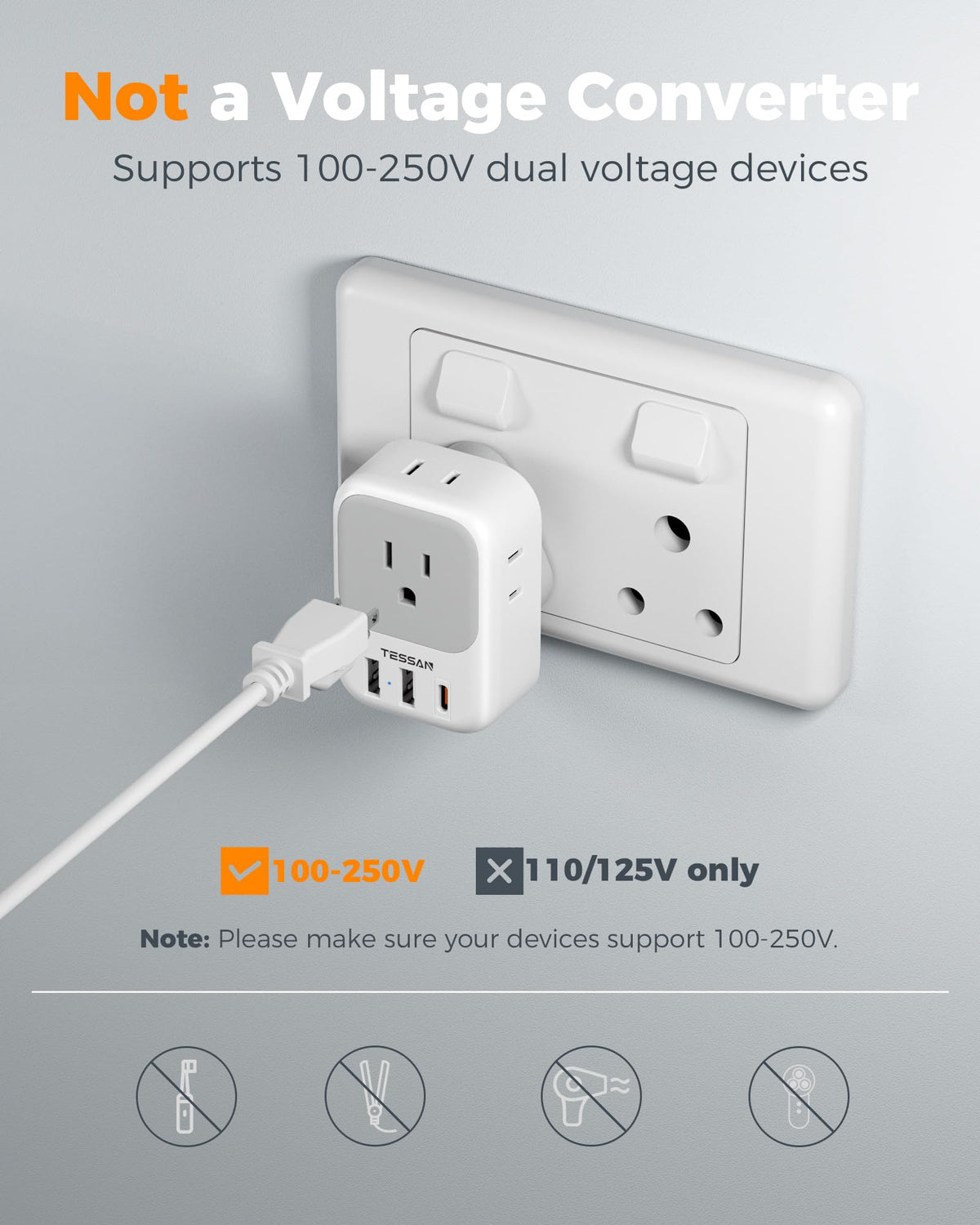 TESSAN cruise-ready adapter designed for easy packing on voyages.
