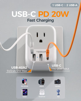 TESSAN adapter USB-C port enables faster charging on the go.