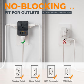 TESSAN space-saving 3-side design fits three large plugs without blocking.