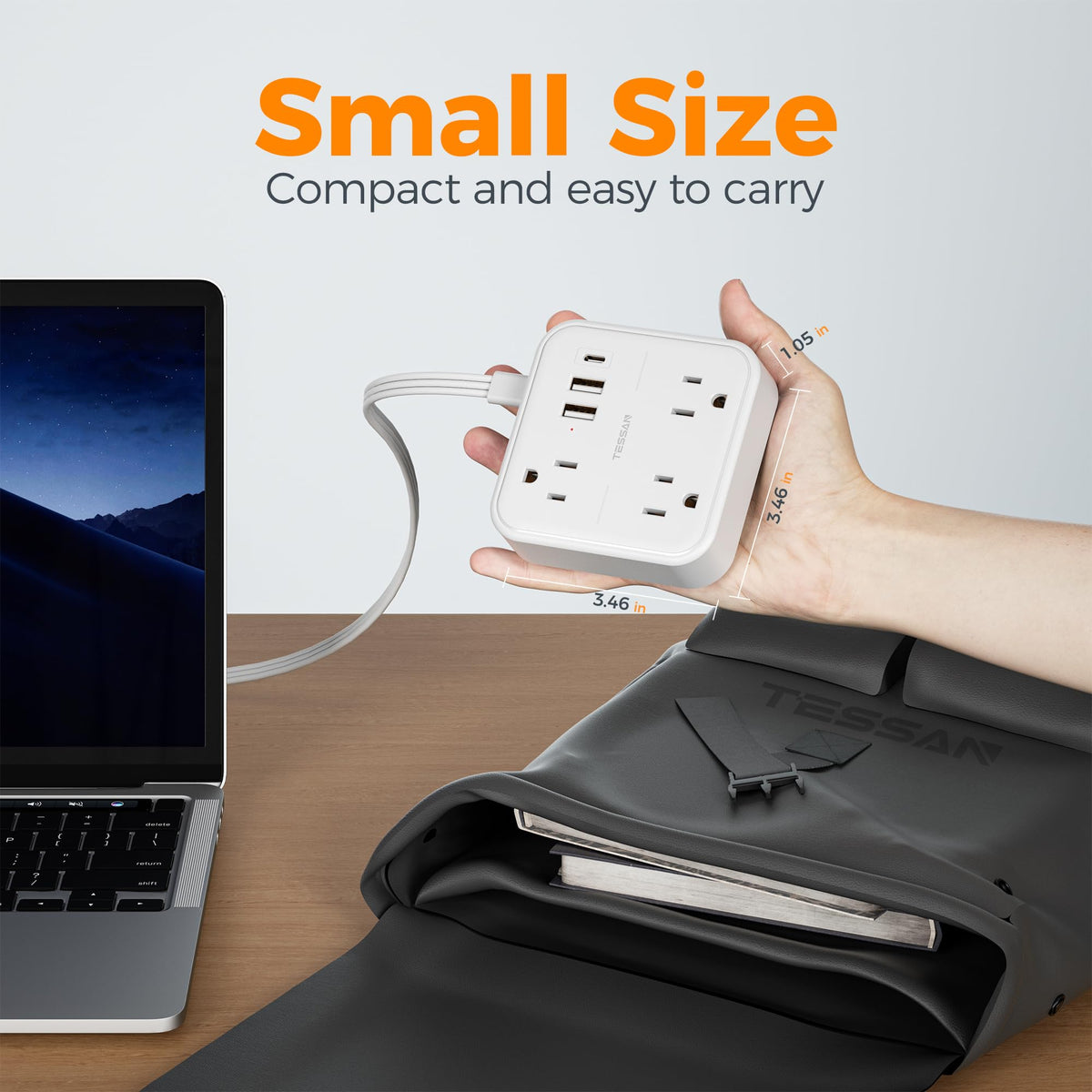 TESSAN surge protector power strip with 3 outlets for safe charging.
