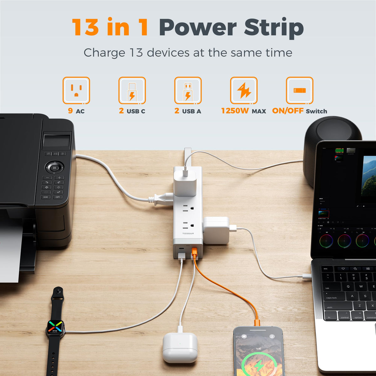 TESSAN surge protector showing 4 USB ports for multiple devices.