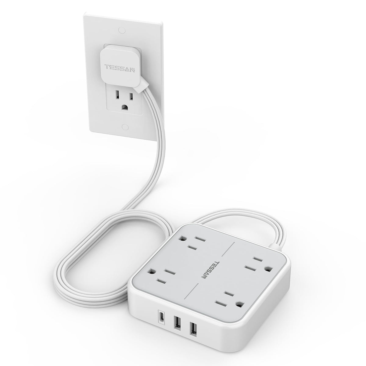 TESSAN surge protector flat extension 5ft grey with surge protection.